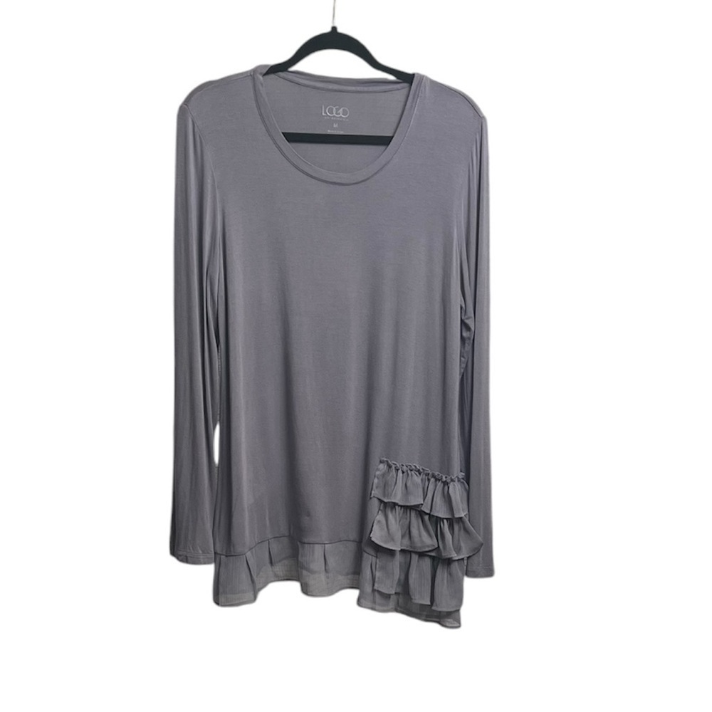 LOGO Lori Goldstein Purple/Gray Asymmetrical Tunic Top size Medium scoop neck
